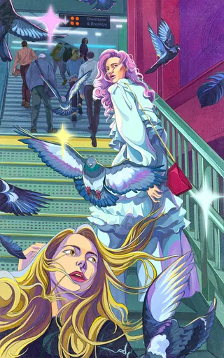 Two women on stairs with pigeons in NYC by Weston Wei
