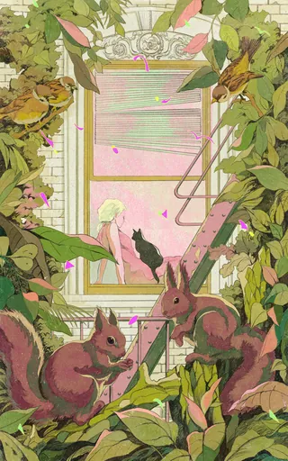 Window surrounded by squirrels and birds in leafy environment by Weston Wei