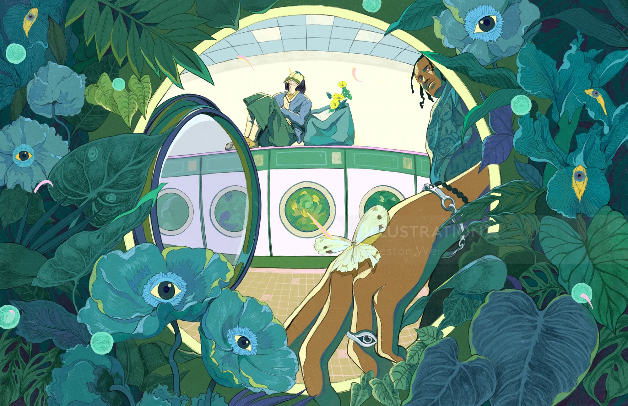 Surreal scene with a person and deer inside a laundromat surrounded by large blue flowers