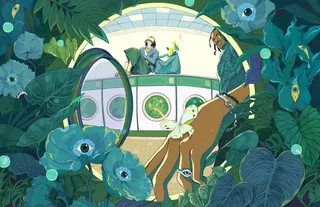 Surreal scene with a person and deer inside a laundromat surrounded by large blue flowers