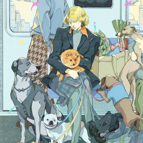 Person sitting in subway with multiple dogs and toys