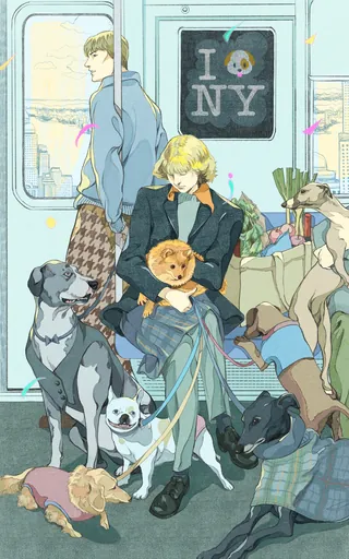 Person sitting in subway with multiple dogs and toys