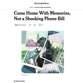Illustration of a woman holding a phone with travel postcards background
