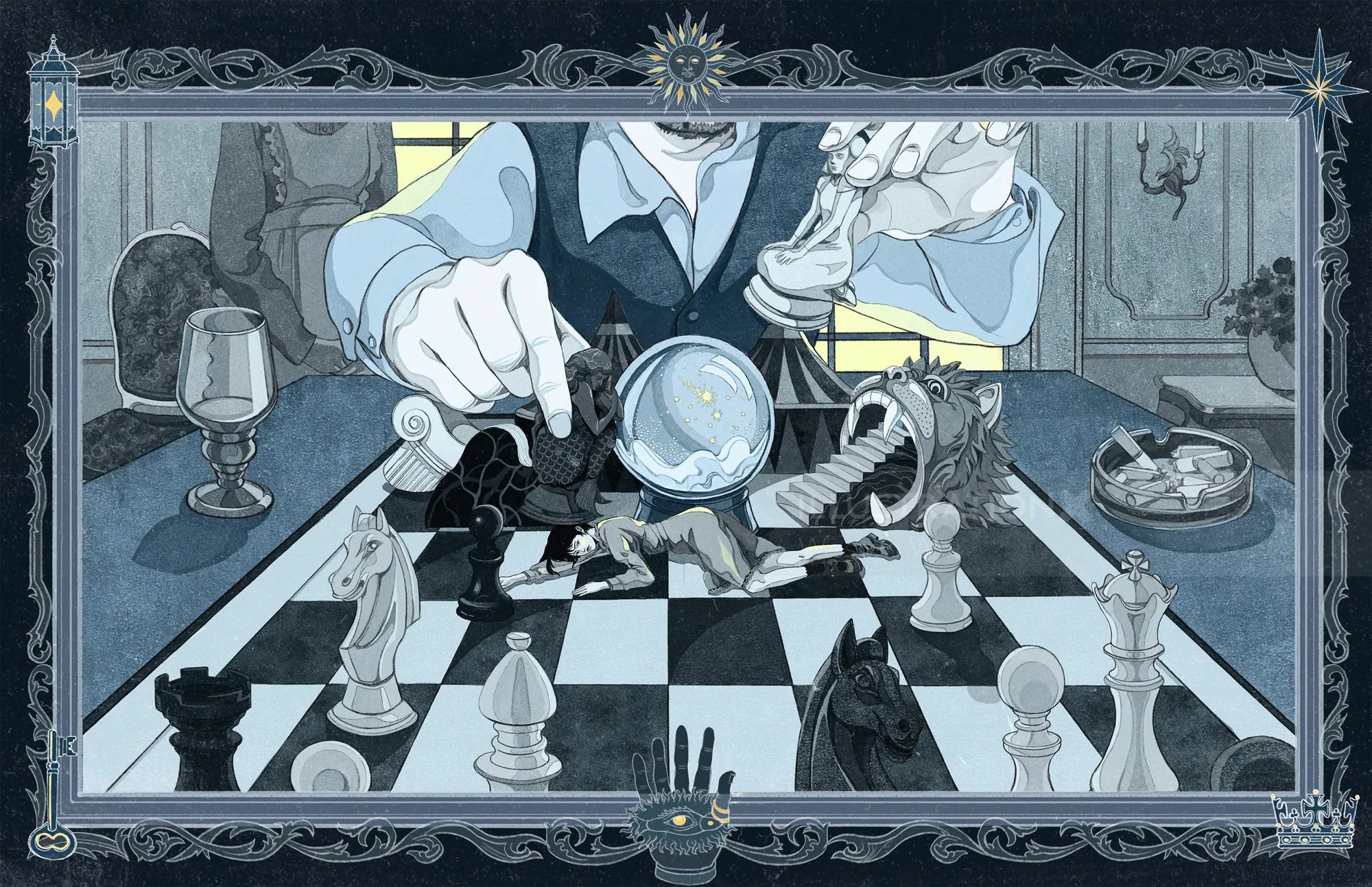 Person making a chess move on a board with intricate pieces