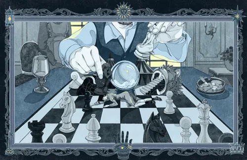 Person making a chess move on a board with intricate pieces