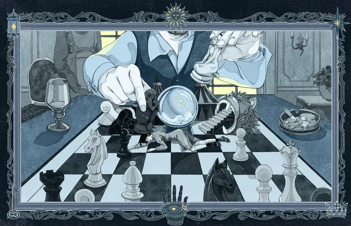 Person making a chess move on a board with intricate pieces