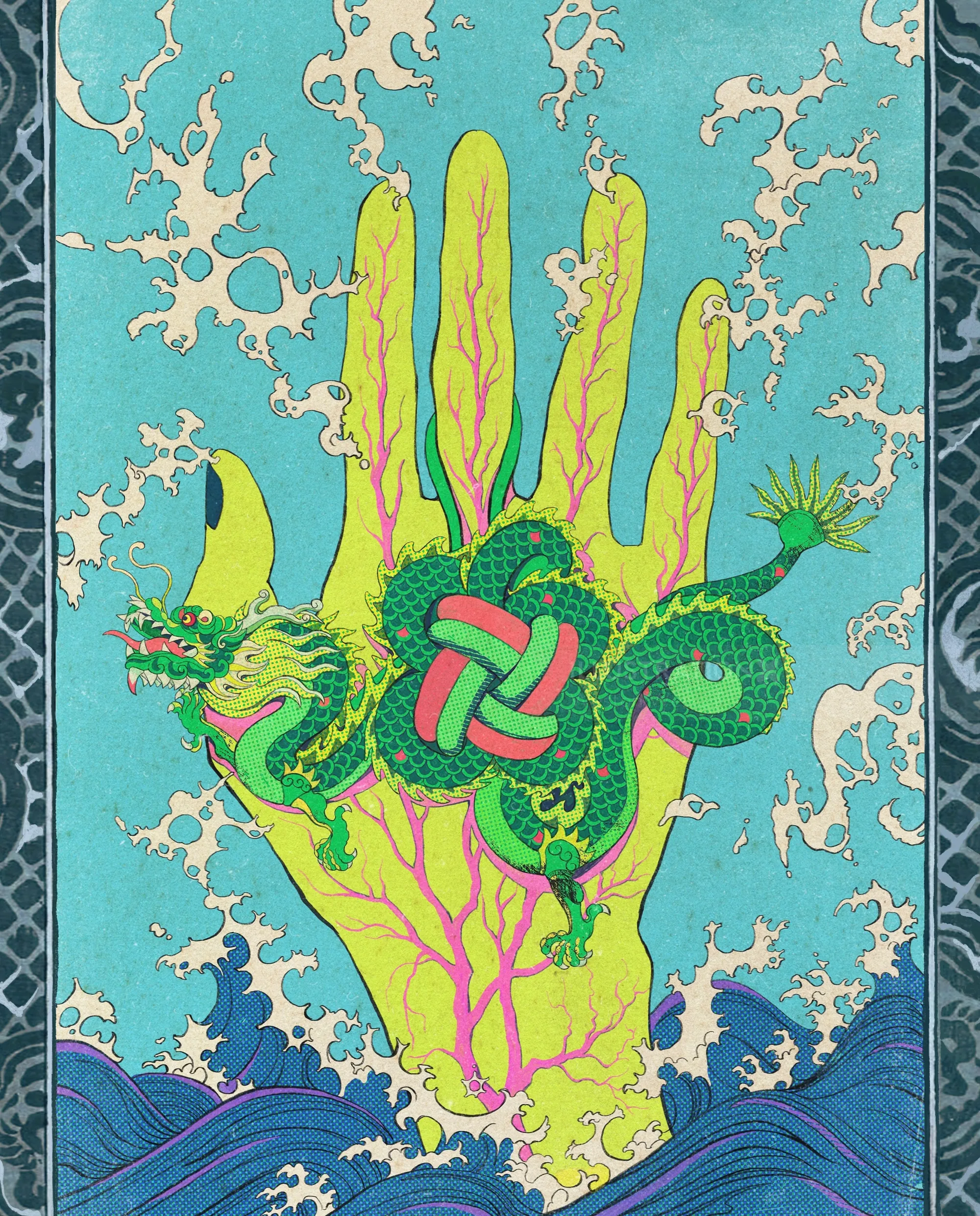 Green dragon entwined on a large yellow hand with blue sky background