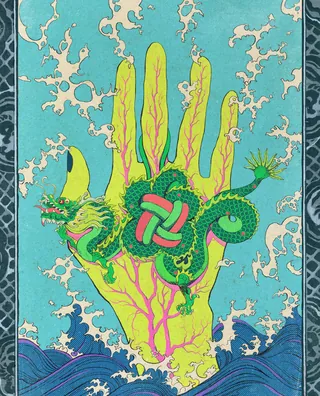 Green dragon entwined on a large yellow hand with blue sky background