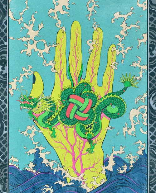 Green dragon entwined on a large yellow hand with blue sky background
