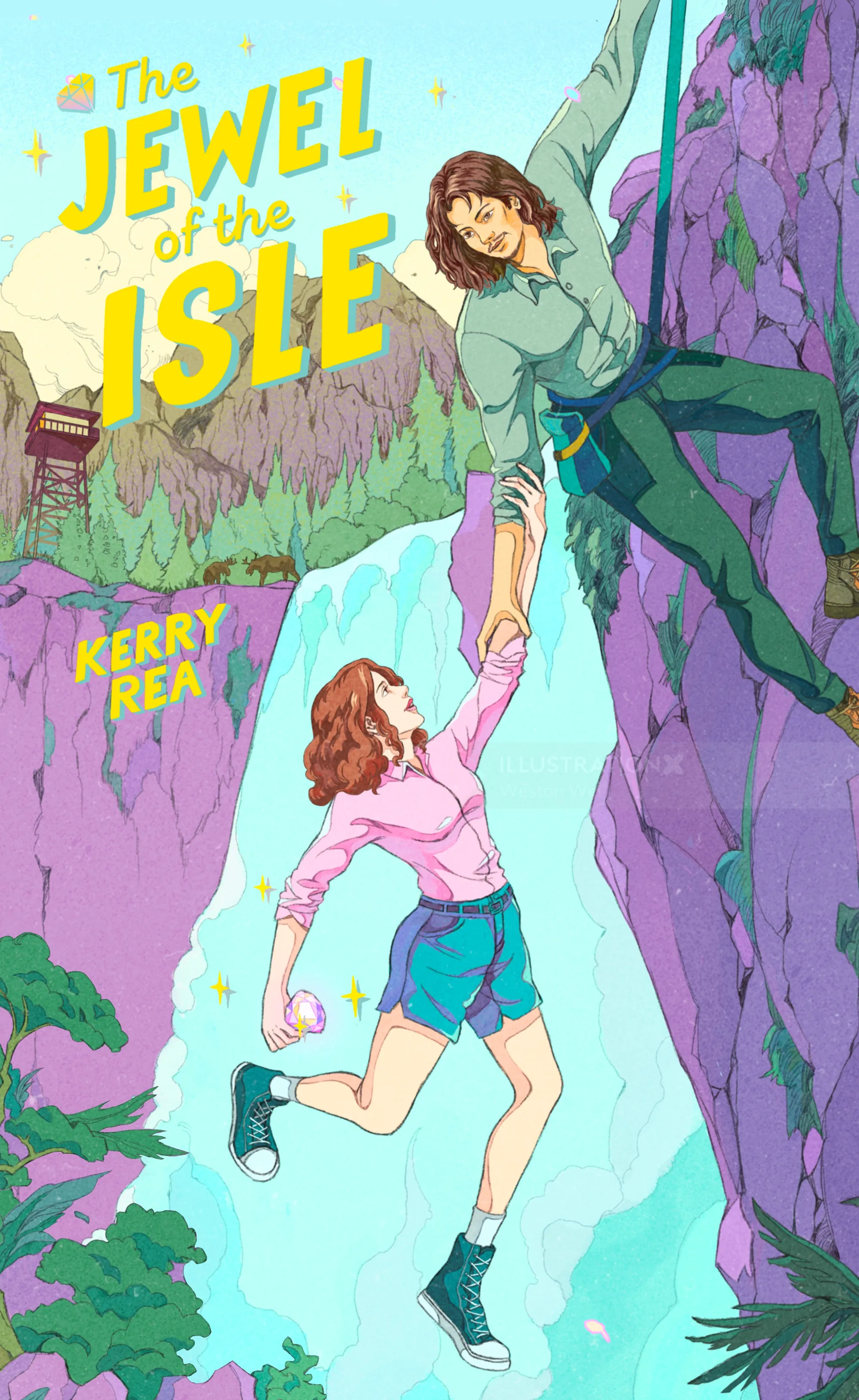 Two women climbing a waterfall on a rocky cliff
