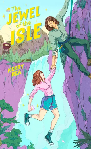 Two women climbing a waterfall on a rocky cliff