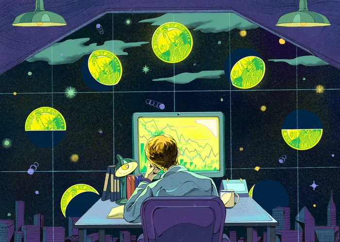 Person sitting at desk analyzing business cycle data on computer