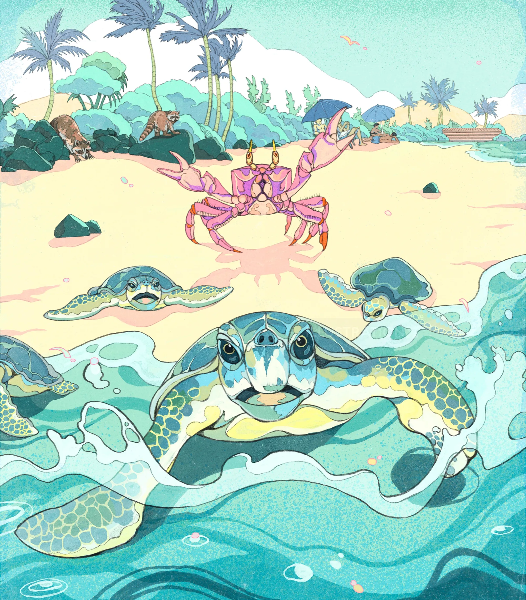 Sea turtles swimming near shore with crab on beach and palm trees