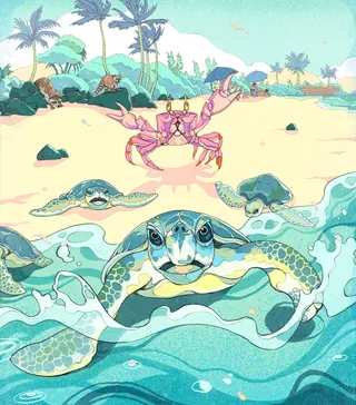 Sea turtles swimming near shore with crab on beach and palm trees
