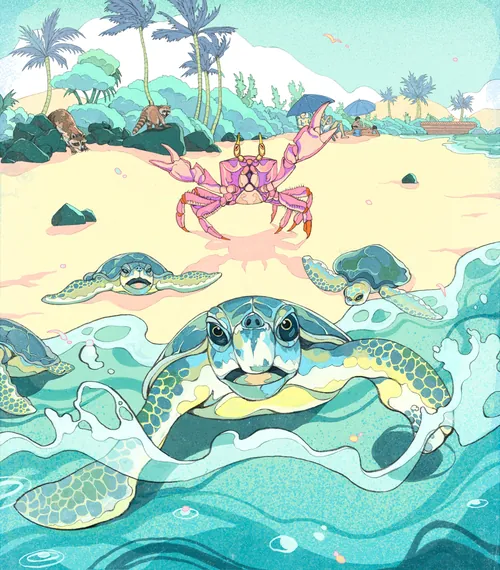 Sea turtles swimming near shore with crab on beach and palm trees