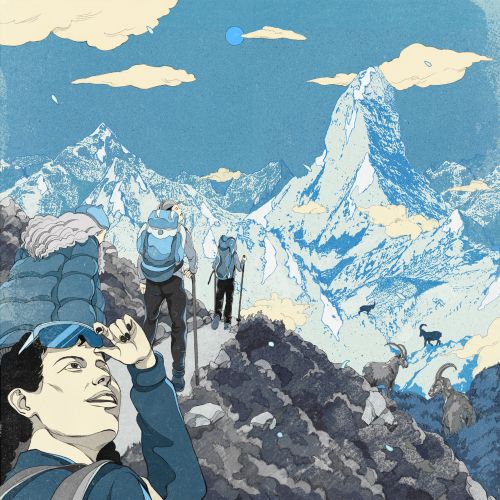 Hikers trekking mountain trail with snowy peaks and clear sky