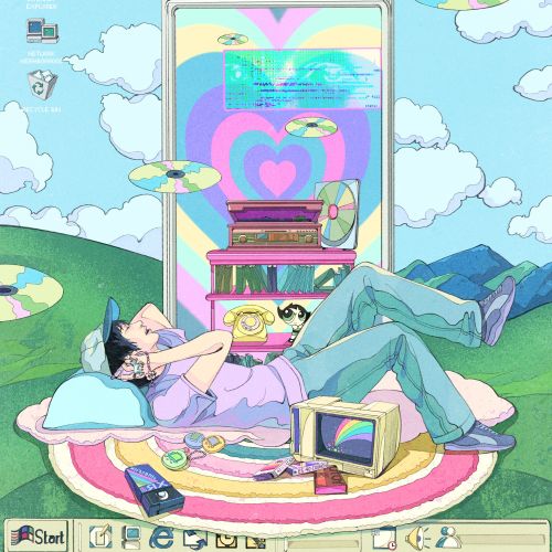 Person lying on grass with vintage tech and heart visuals in sky