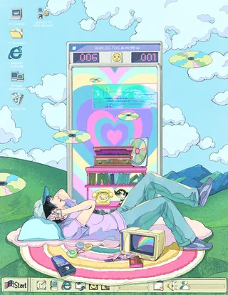 Person lying on grass with vintage tech and heart visuals in sky