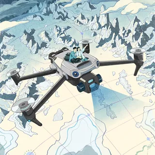 Illustration of two people riding a large drone over a mountainous map