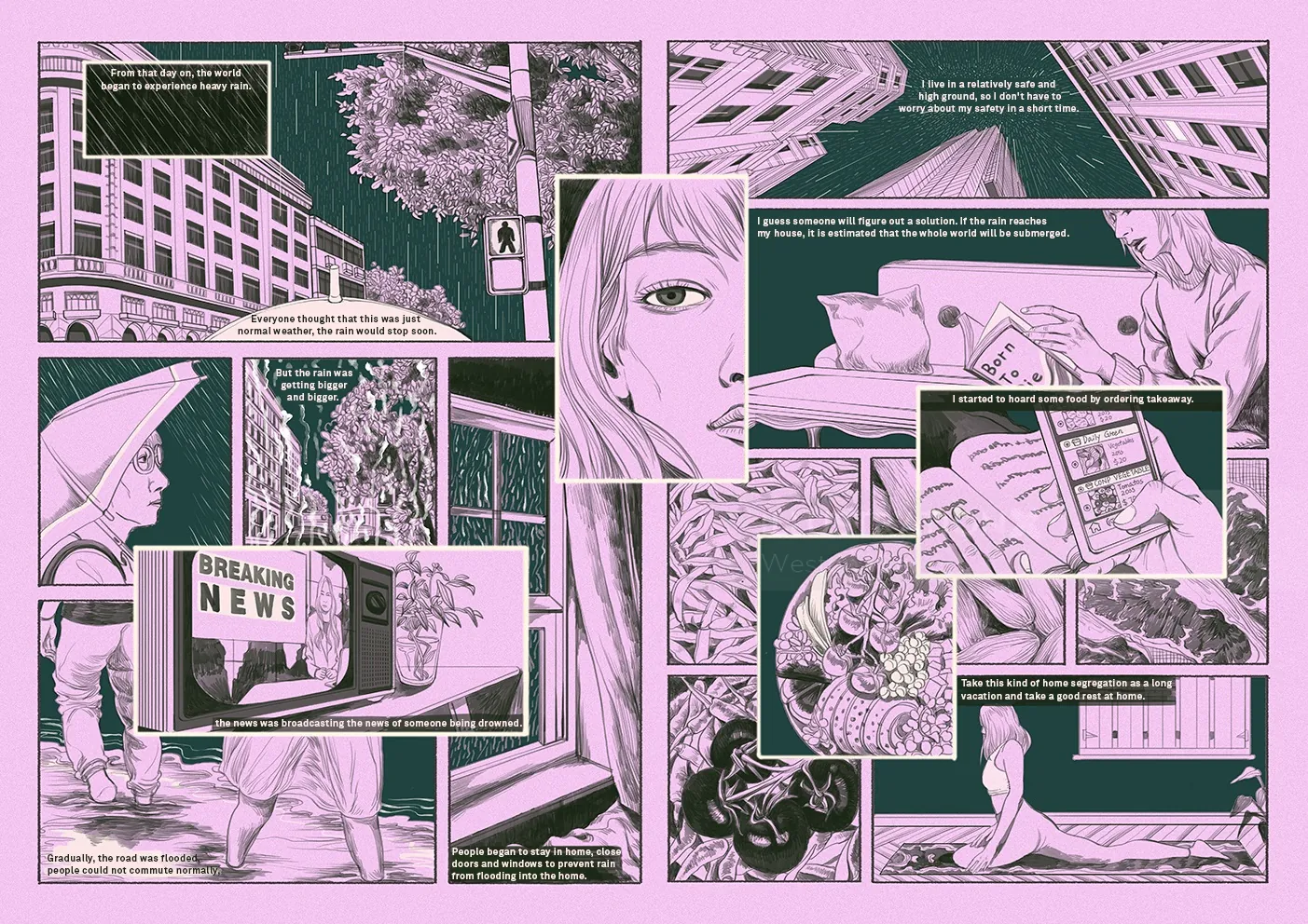 Comic panels depicting urban life and introspective moments during the Covid pandemic