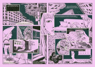 Comic panels depicting urban life and introspective moments during the Covid pandemic