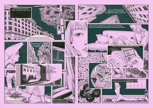 Comic panels depicting urban life and introspective moments during the Covid pandemic