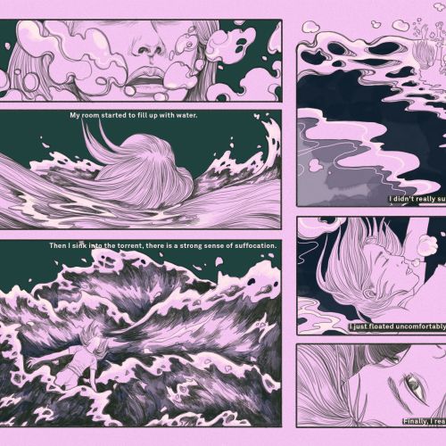 Abstract comic panels depicting water and emotional self-exploration
