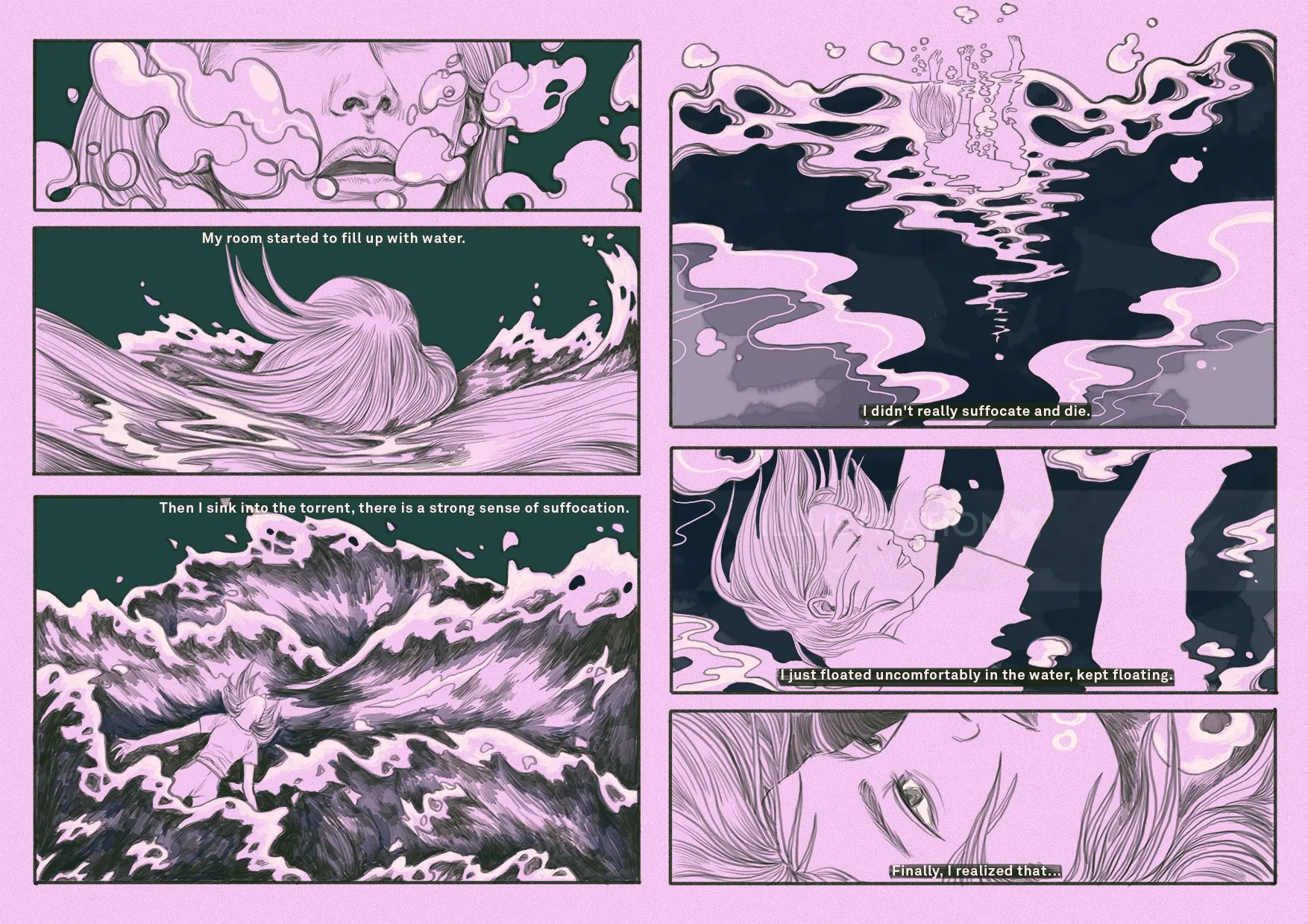 Abstract comic panels depicting water and emotional self-exploration