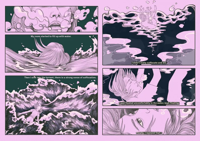Abstract comic panels depicting water and emotional self-exploration