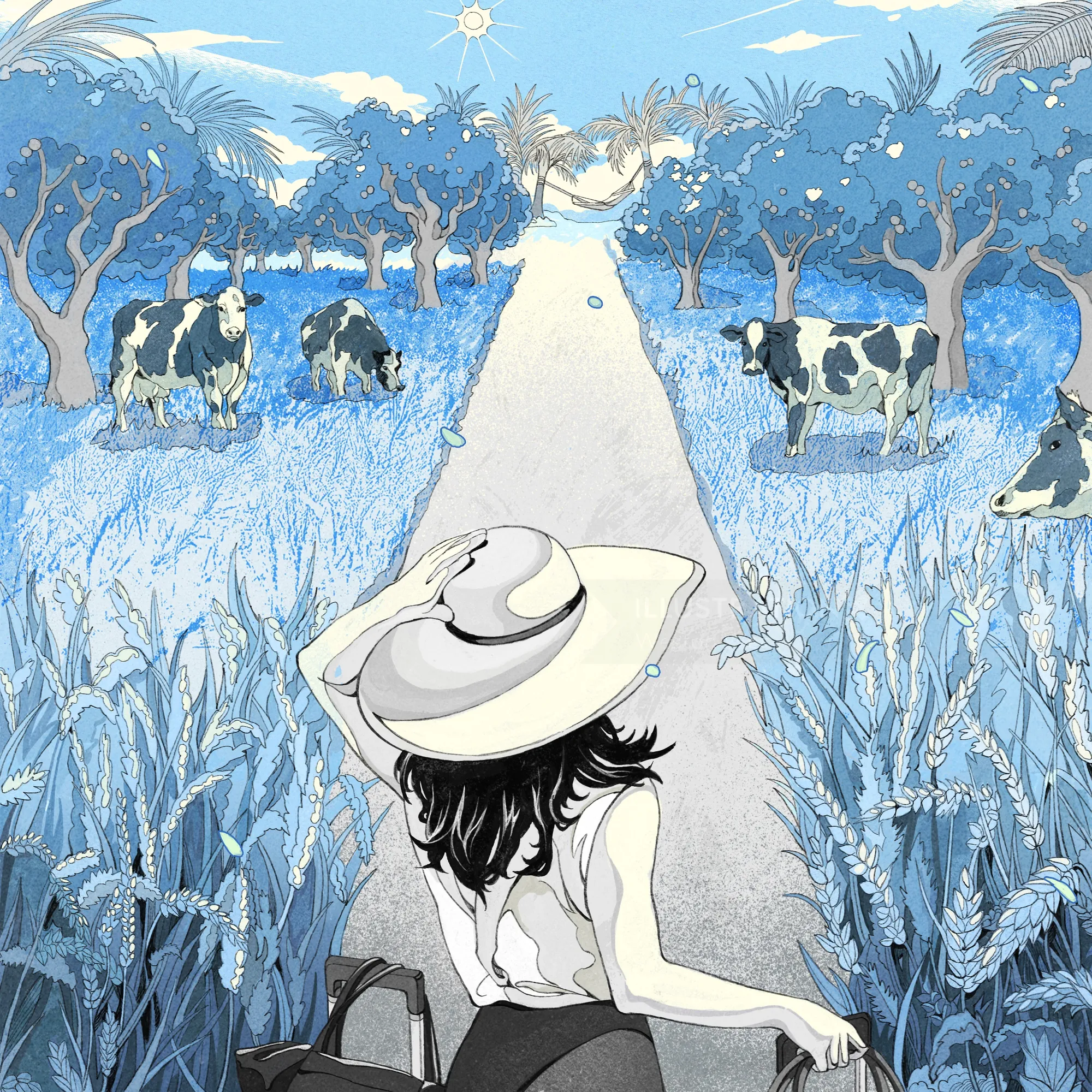 Woman wearing hat walking on a path through a field with cows
