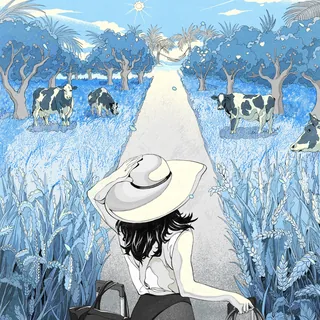 Woman wearing hat walking on a path through a field with cows