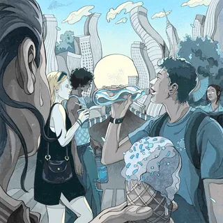 People eating ice cream in city with distorted buildings at sunset