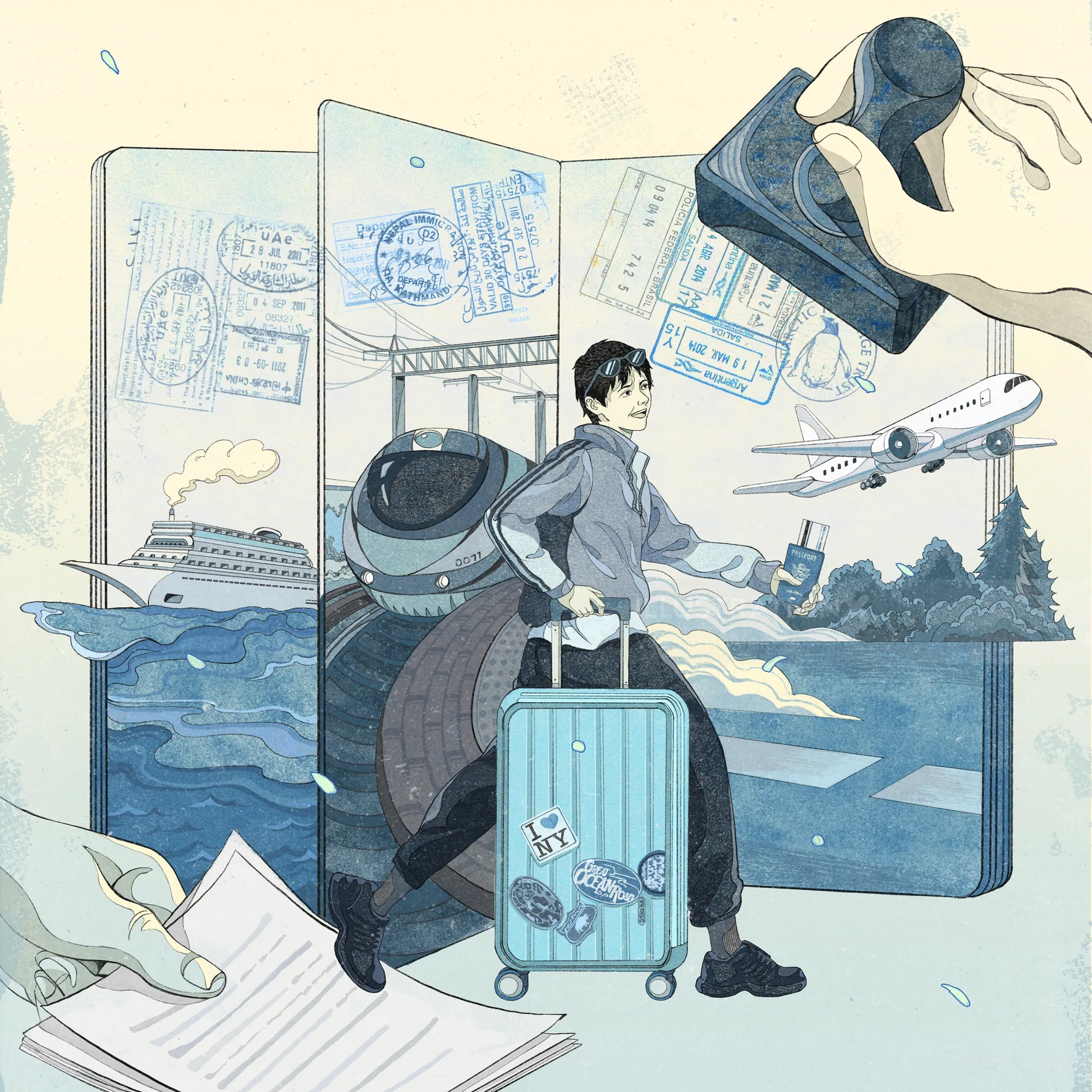 Traveler with suitcase surrounded by stamps, plane, train, and cruise ship