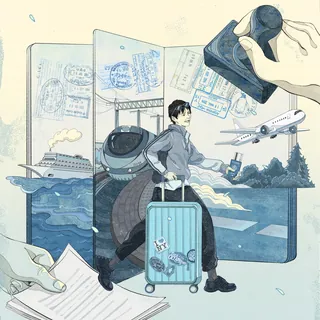 Traveler with suitcase surrounded by stamps, plane, train, and cruise ship