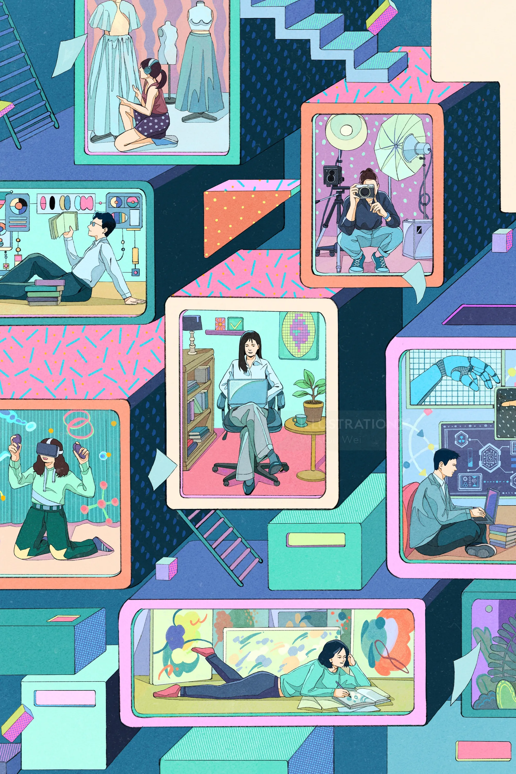 Illustration of people studying and working in colorful cubicle rooms