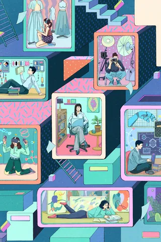 Illustration of people studying and working in colorful cubicle rooms