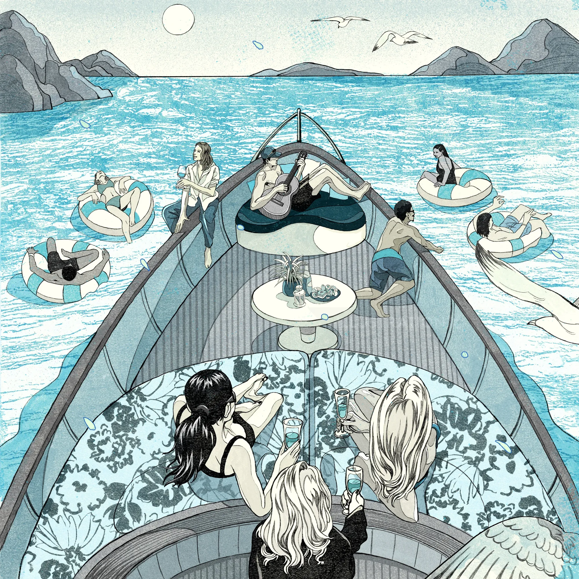 People enjoying a boat party and swimming in the sea by Weston Wei