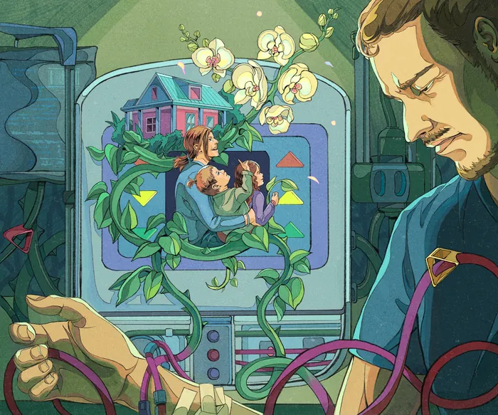 Man connected to machine with plants and family image inside
