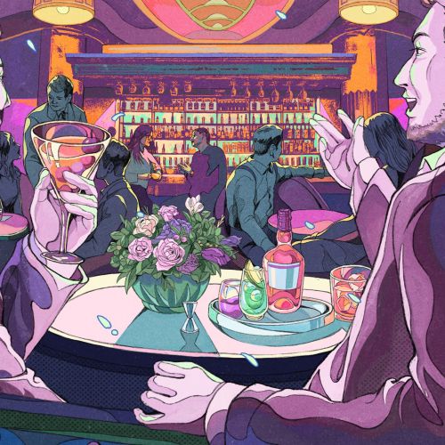Illustration of two men conversing at a bar with drinks and food