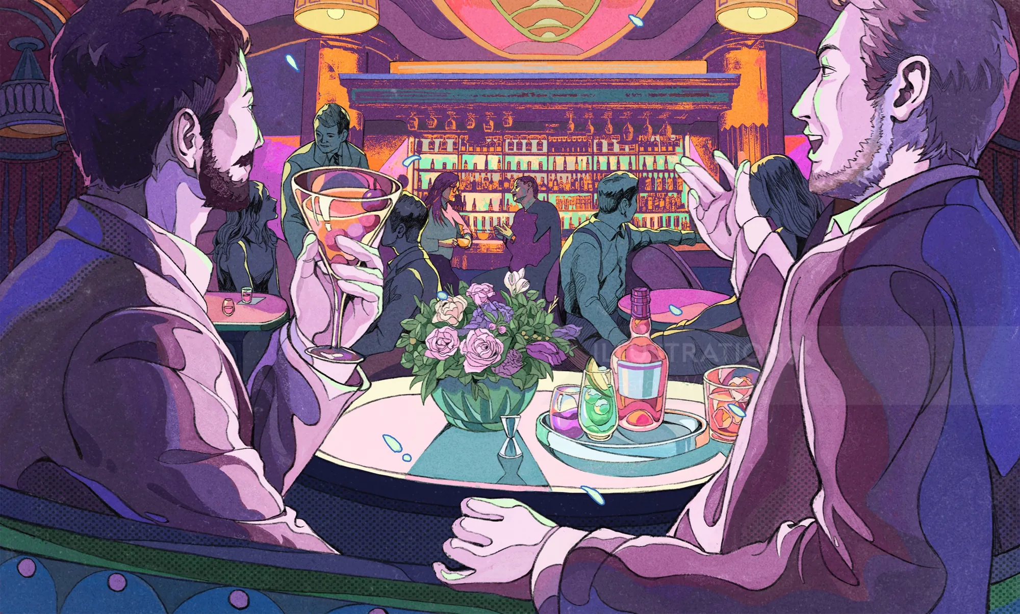Illustration of two men conversing at a bar with drinks and food