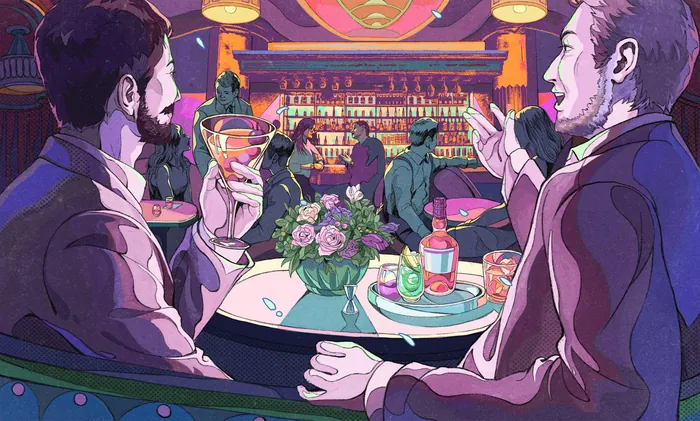 Illustration of two men conversing at a bar with drinks and food