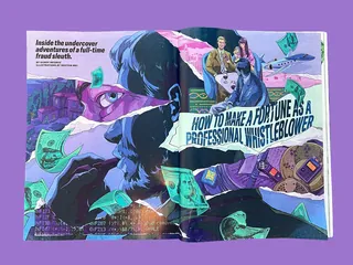 Illustration of a person amid flying money and text about professional whistleblowing