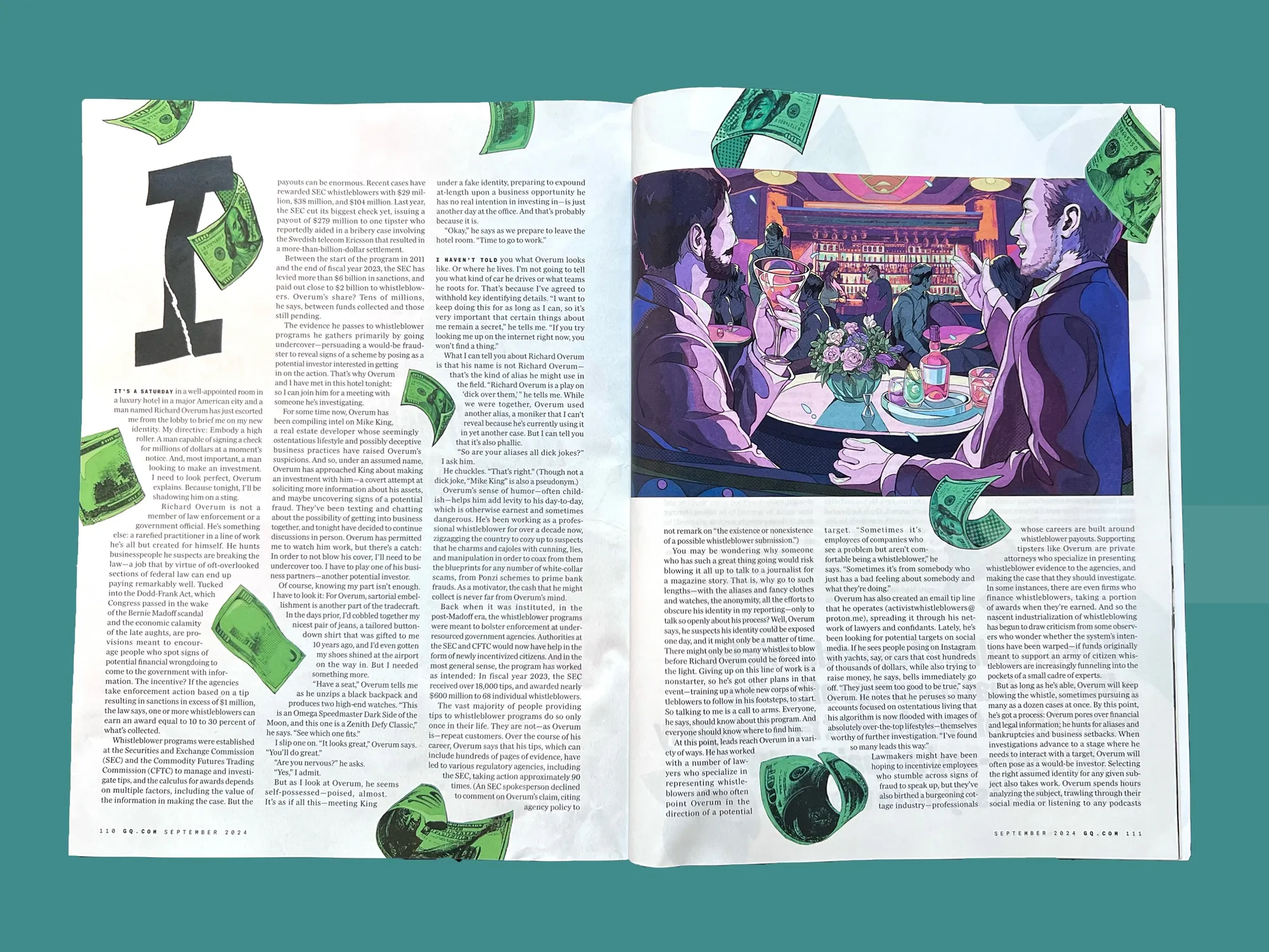 Illustration of two men talking at a restaurant with dollar bills floating around