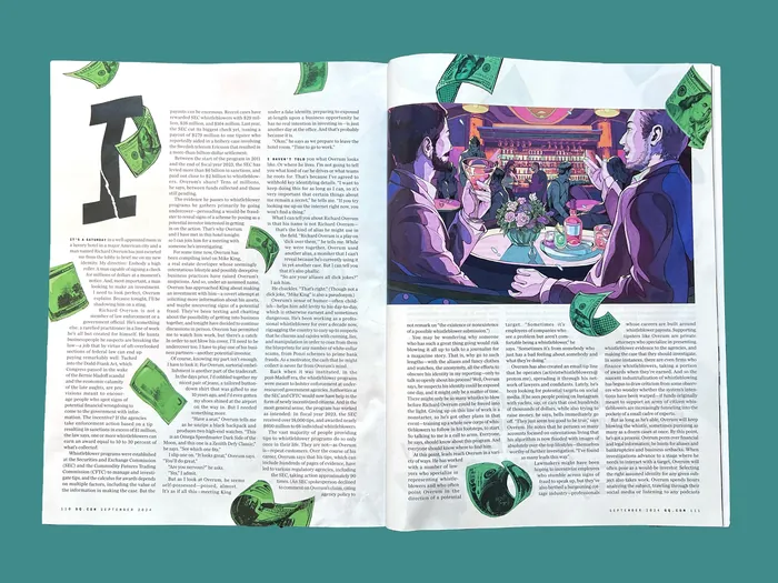 Illustration of two men talking at a restaurant with dollar bills floating around