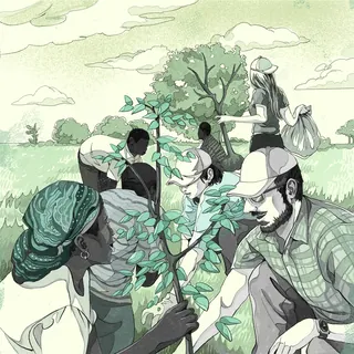 Group of diverse volunteers planting a tree outdoors