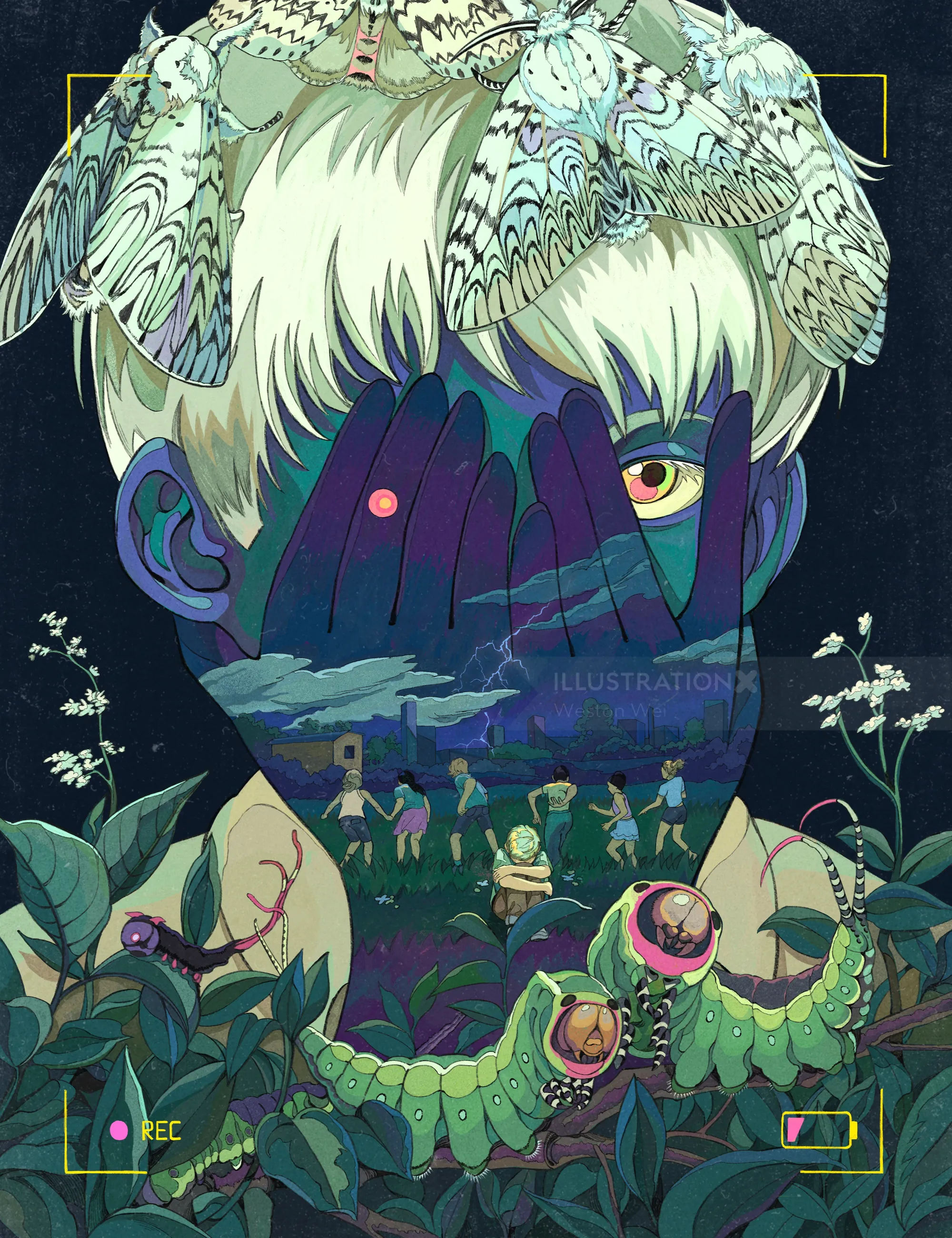 Surreal illustration of a person with birds and nature elements
