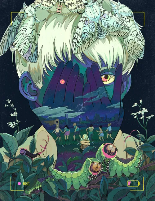 Surreal portrait combining a white-haired figure and detailed hidden scenes by Weston Wei