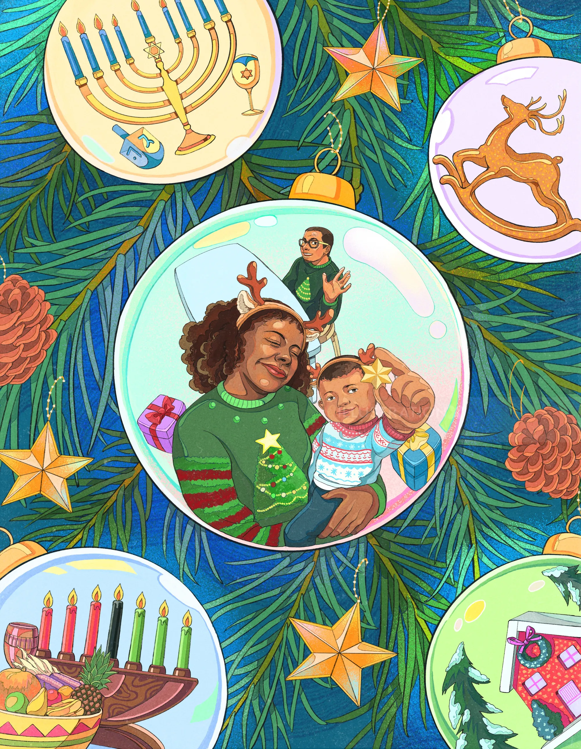 Christmas tree ornaments featuring diverse holiday symbols and family portrait