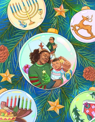 Christmas tree ornaments featuring diverse holiday symbols and family portrait