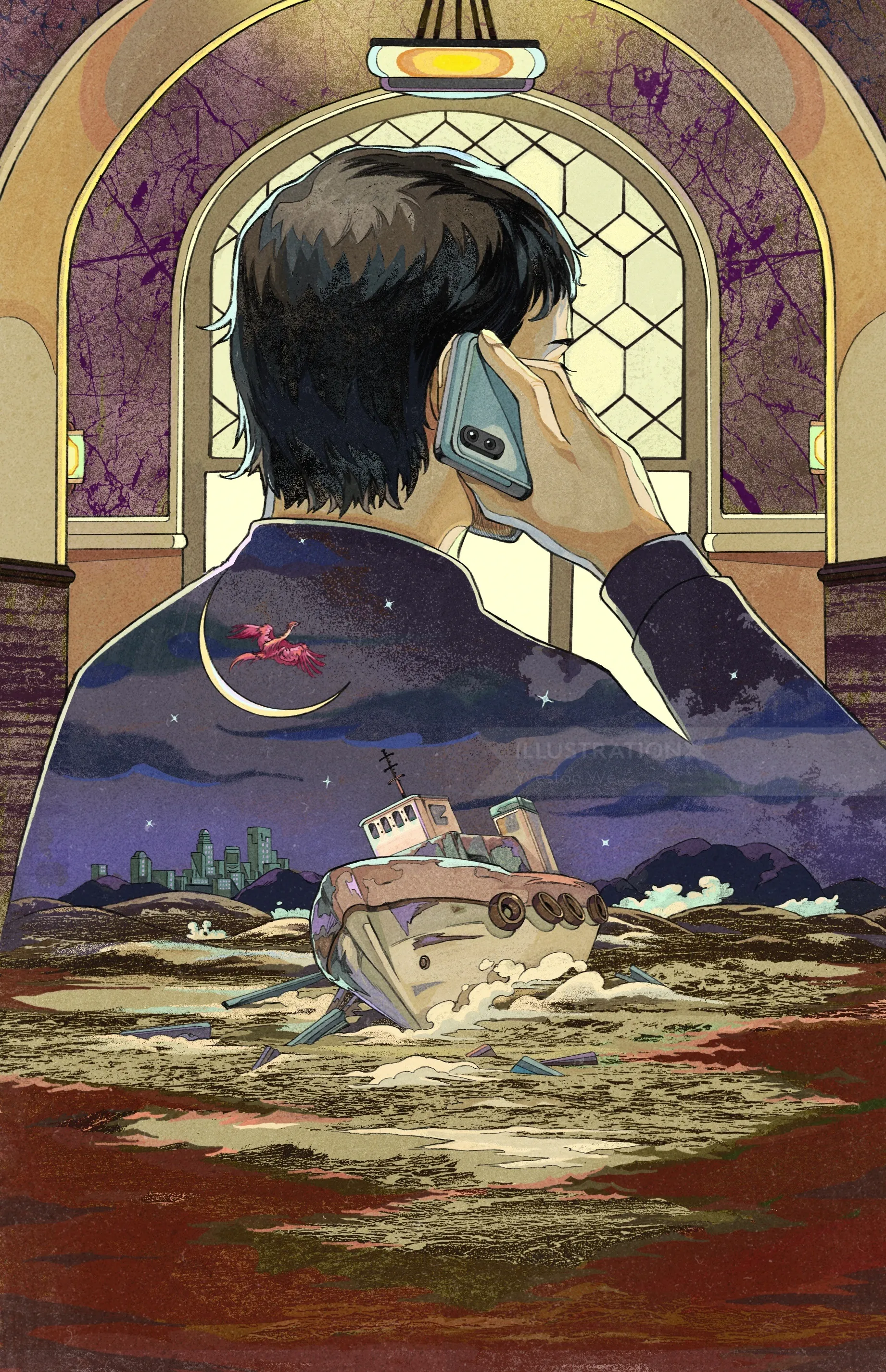 The Huma Bird Never Lands illustration for Grand Journal